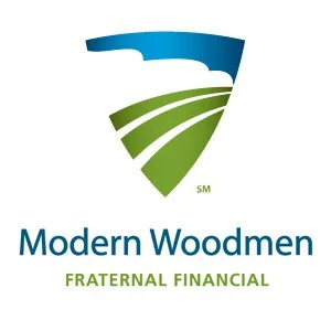 Logo for Modern Woodmen Fraternal Financial, featuring a stylized shield with a blue top section and green bottom section with lines.