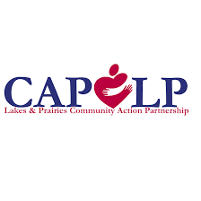 CAP LP Lakes & Prairies Community Action Partnership logo with blue and red text and a stylized red tulip.