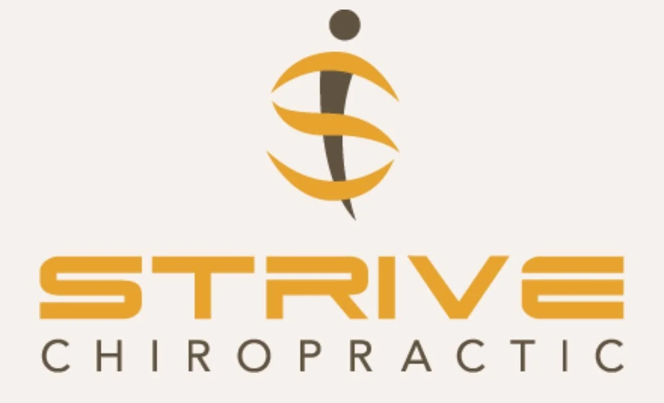Logo for Strive Chiropractic with a stylized human figure wrapped in a design resembling a caduceus with wings.