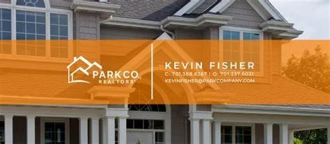 Business card for Kevin Fisher, realtor at Park Co. Realtors, with contact information on an orange background overlayed on a house