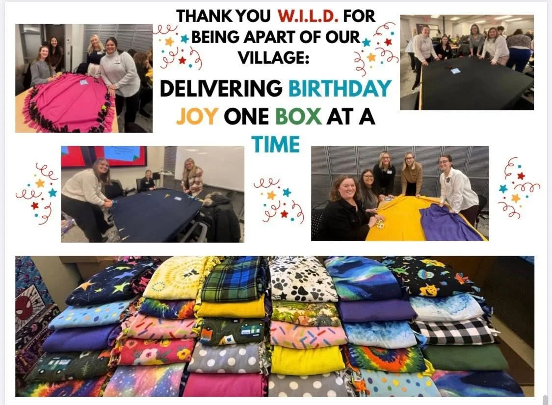 People in a room folding colorful fabrics to make gift boxes for a birthday celebration, with a display of folded fabrics at the bottom.
