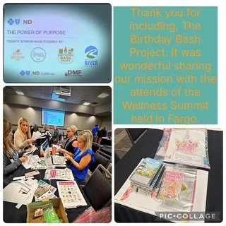A collage of three images. The top right features a thank you message for a birthday bash project at a Wellness Summit in Fargo. The bottom left shows people sitting at tables using laptops and taking notes in a conference room. The bottom right disp
