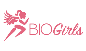 Logo of BIO Girls featuring a pink silhouette of a running girl with wings next to the text 'BIO Girls' in pink