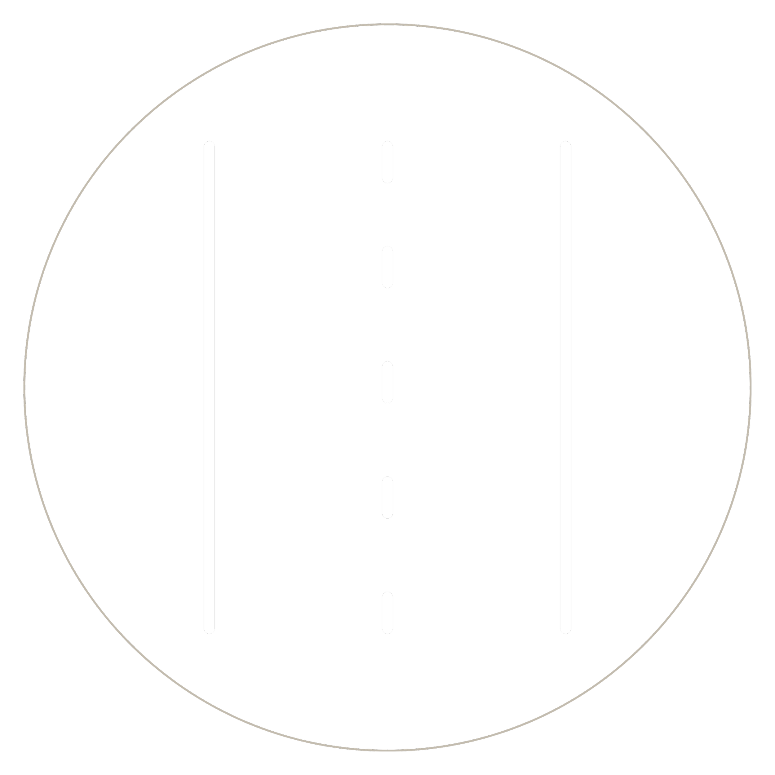A stylized digital illustration of a road with dashed white lines in the center, flanked by solid white lines, on a black background with a circular outline.