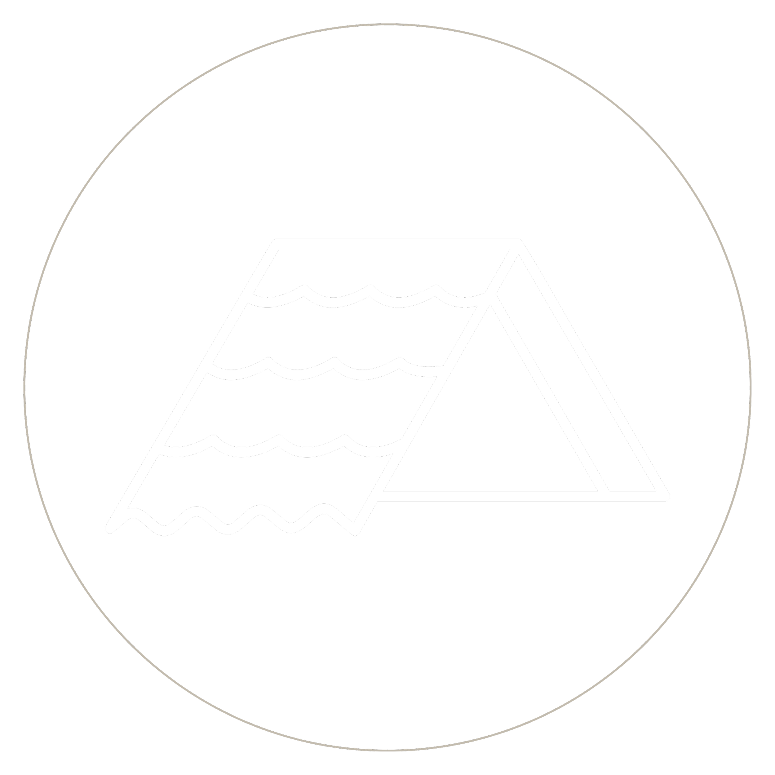 Simple line drawing of a tent with a water-resistant fabric roof in a triangular shape, with wavy lines indicating water on the roof.