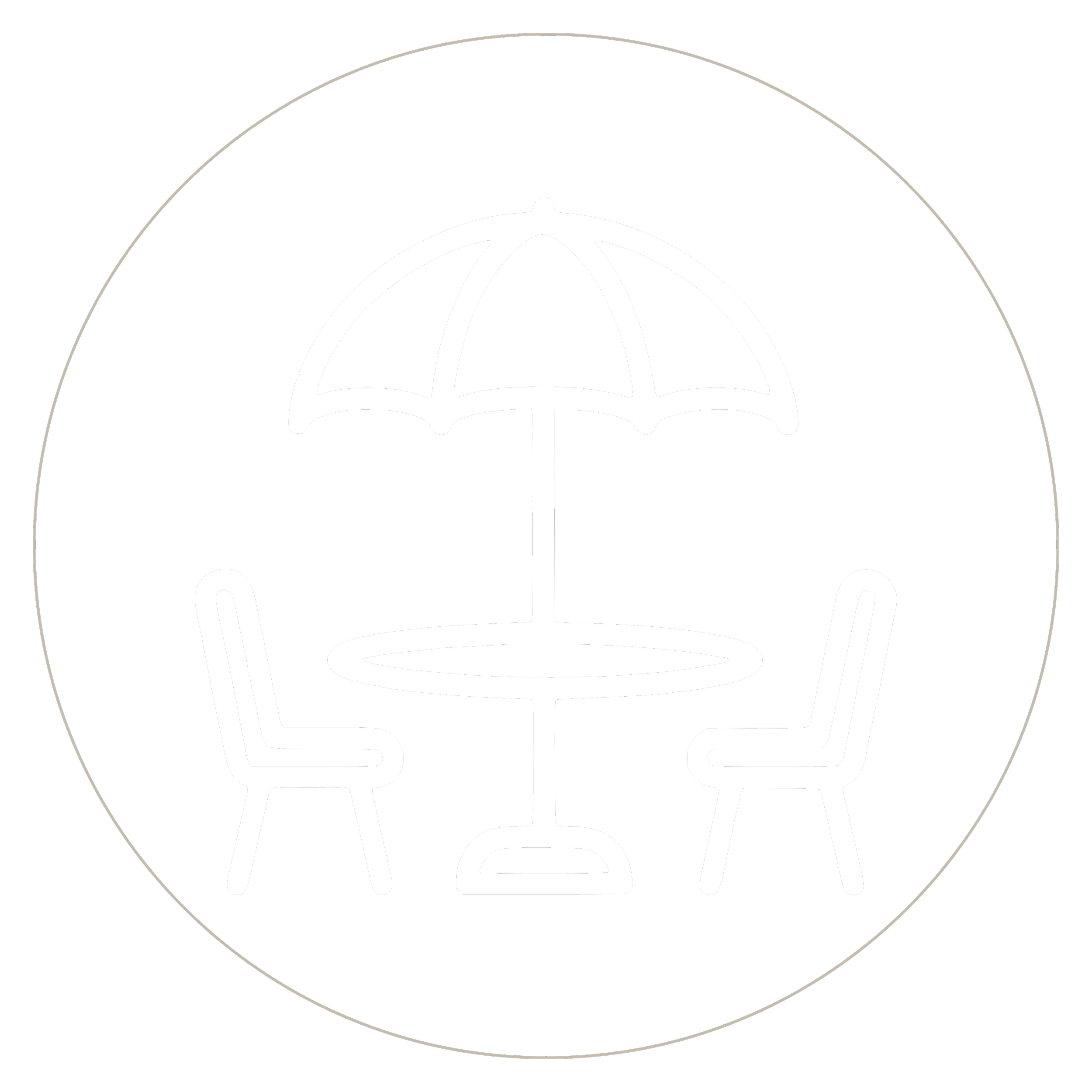 Icon of a round table with two chairs and an umbrella in the center on a black background.