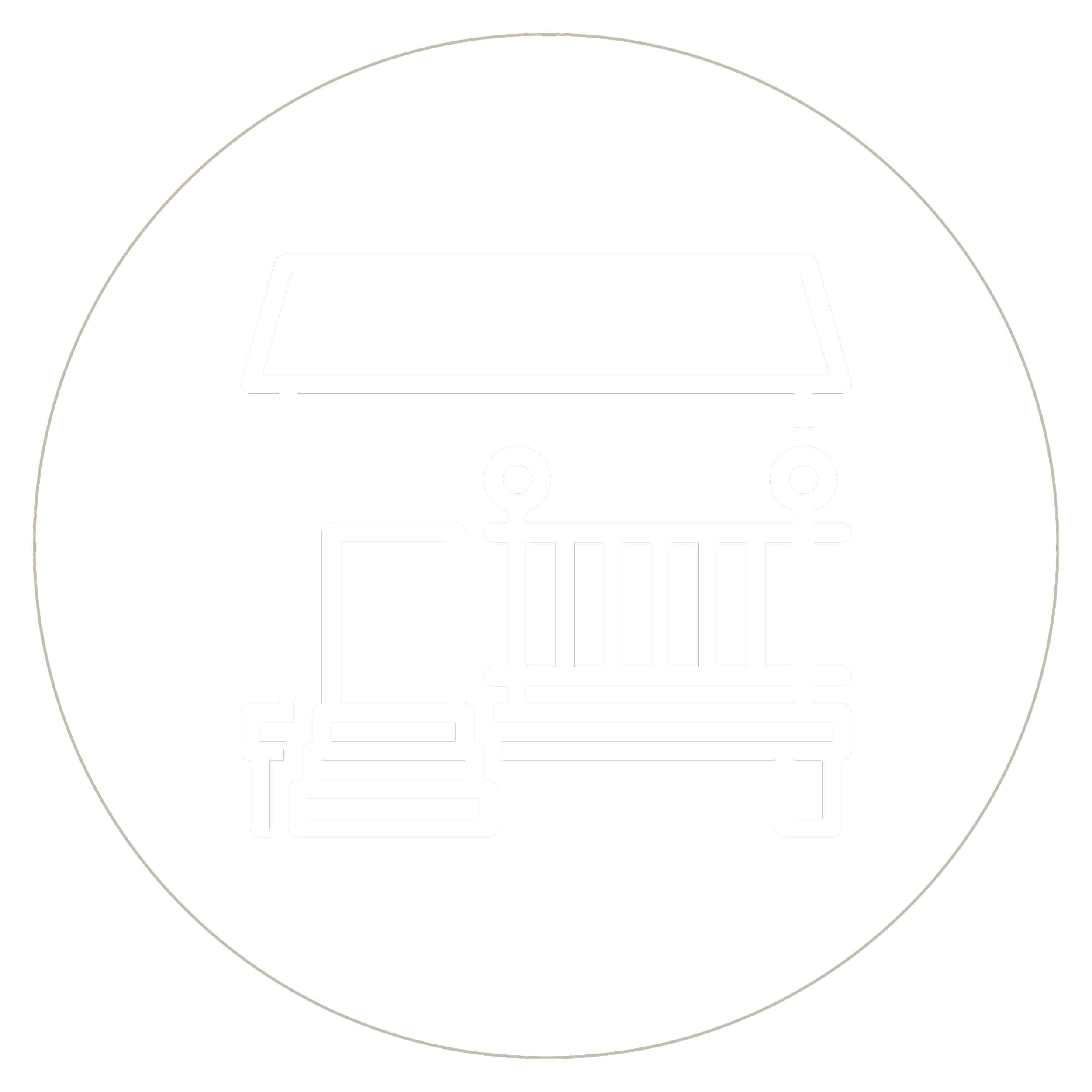 Line drawing of a small house with porch, steps, and railing, set against a black background.