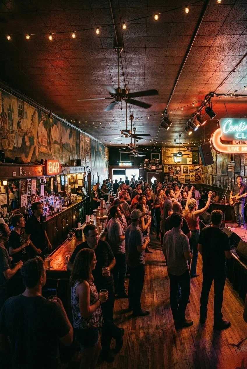 A lively bar and music venue in Austin, Texas, with a crowd of people enjoying a live performance on stage. The room has dim lighting, string lights, and vintage decor on the walls.