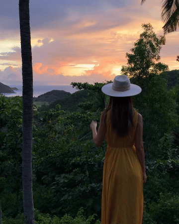 A woman in a yellow dress and wide-brimmed hat standing amidst lush greenery, watching a sunset over a tropical landscape with clouds and mountains.