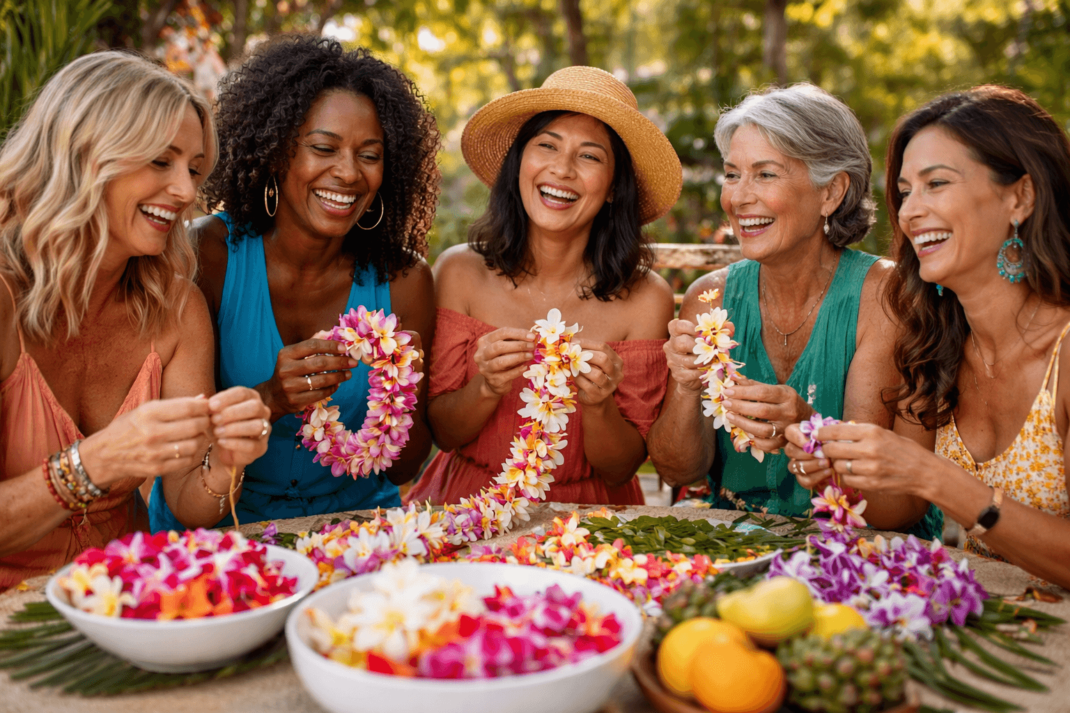 Six women gathered around a table, making flower leis, with bowls of colorful flowers, greenery, and fruit in an outdoor setting surrounded by trees.