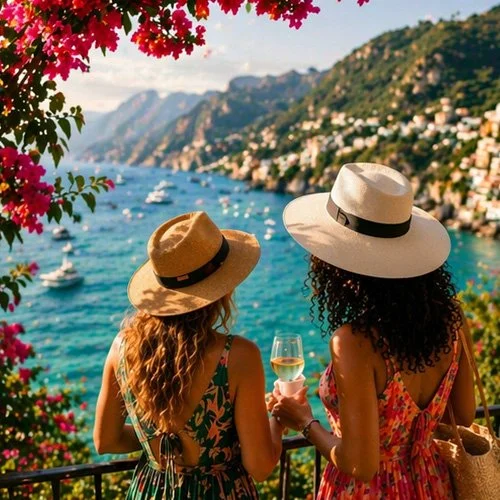 Two women with wide-brimmed hats, one holding a glass of white wine, overlook a scenic coastal view with boats on the water and colorful buildings along the hillside.