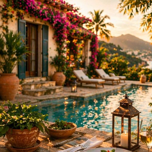 A luxurious outdoor poolside scene at sunset with lounge chairs, potted plants, lanterns, and a villa covered in pink flowers and greenery, overlooking a mountainous landscape.