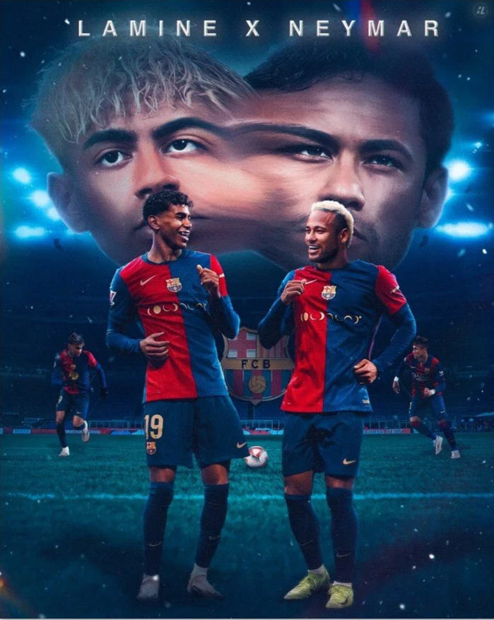 Two FC Barcelona soccer players smiling and talking on the field, with two other players running in the background. The background features large images of Kylian Mbappé and Neymar with the text 'Lamine x Neymar' at the top.