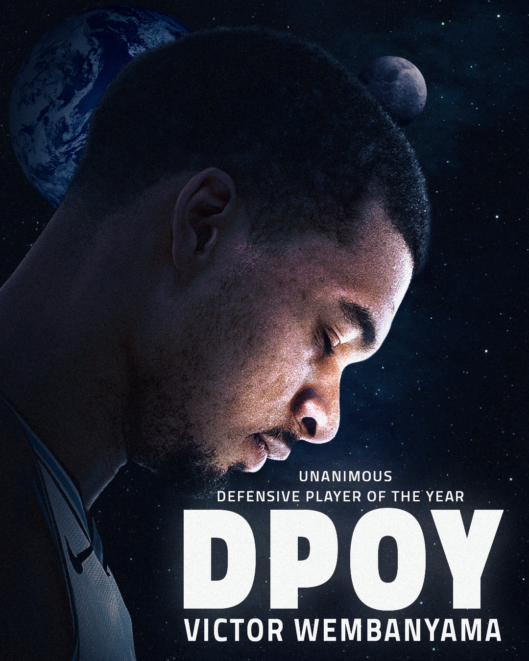 Profile of Victor Wembanyama, a basketball player, with Earth's and the moon's images in the background, text indicating he is the unanimous defensive player of the year.