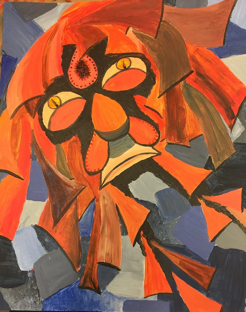 Abstract painting of a lion's face in vivid orange, black, gray, and blue tones with bold brushstrokes and geometric shapes.