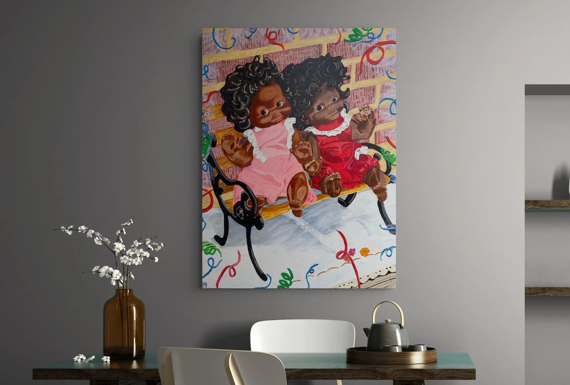 Lark and Clarissa say "Hey there!" my happy dolls that always greet with a smile. Oil on canvas, 48"X36", $3000.00