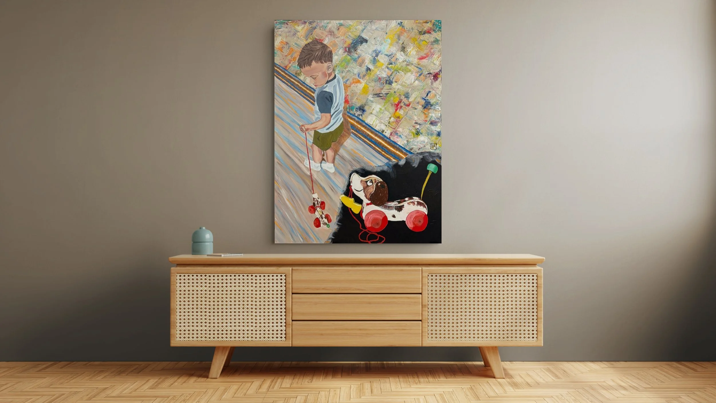 A Dog and Its Boy, nostalgic, classic. Oil on Canvas, 48"X36" 2026, $3,000