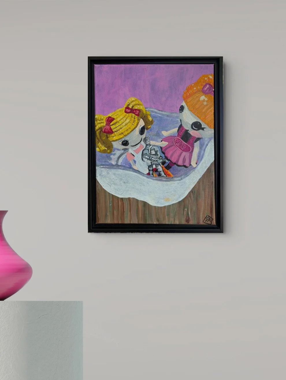 Hot Tubbin', oil on canvas in black floater frame, 17.5"X13.5" total, 2025, $275.00
