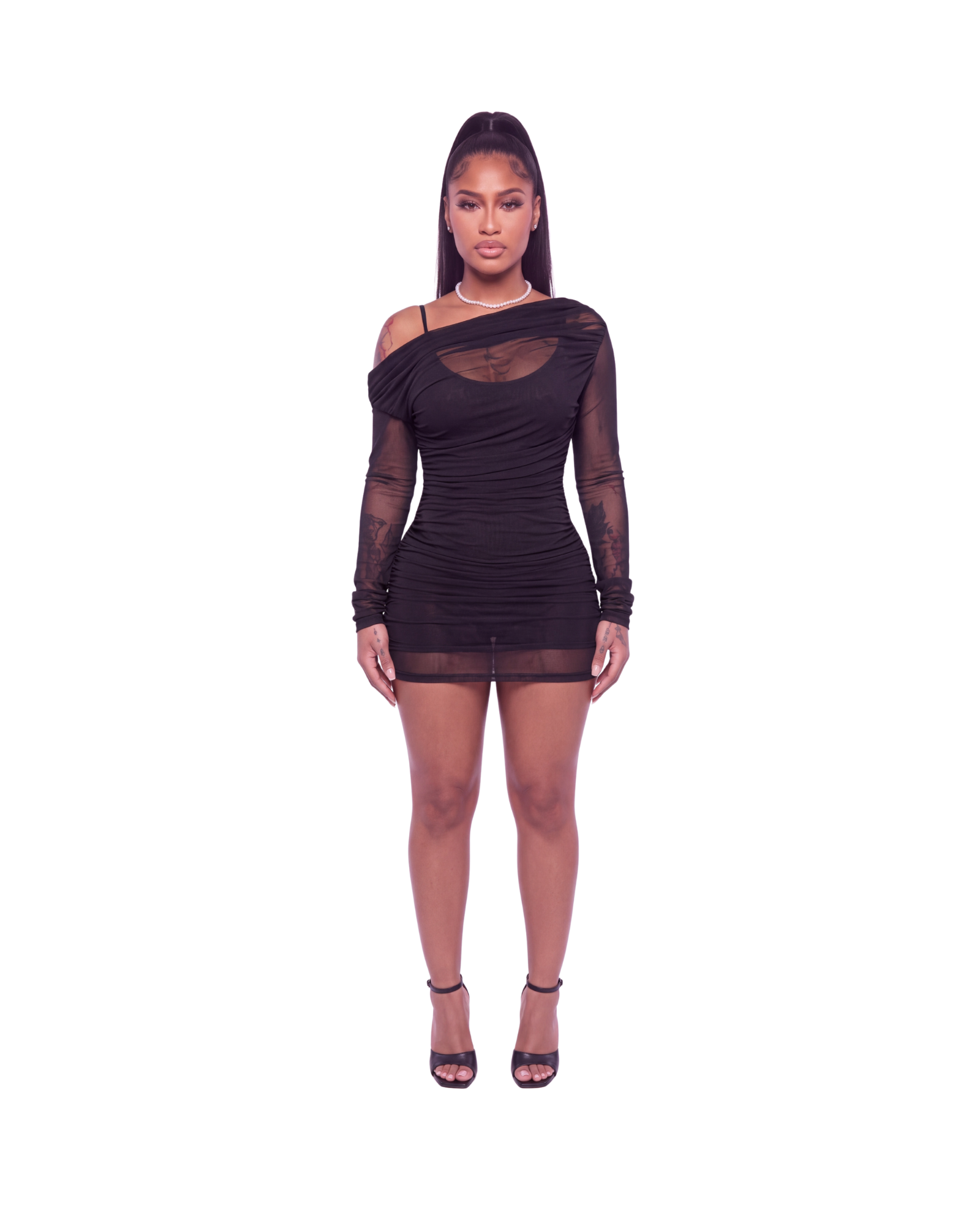 Black Mesh Ruched Mini Dress