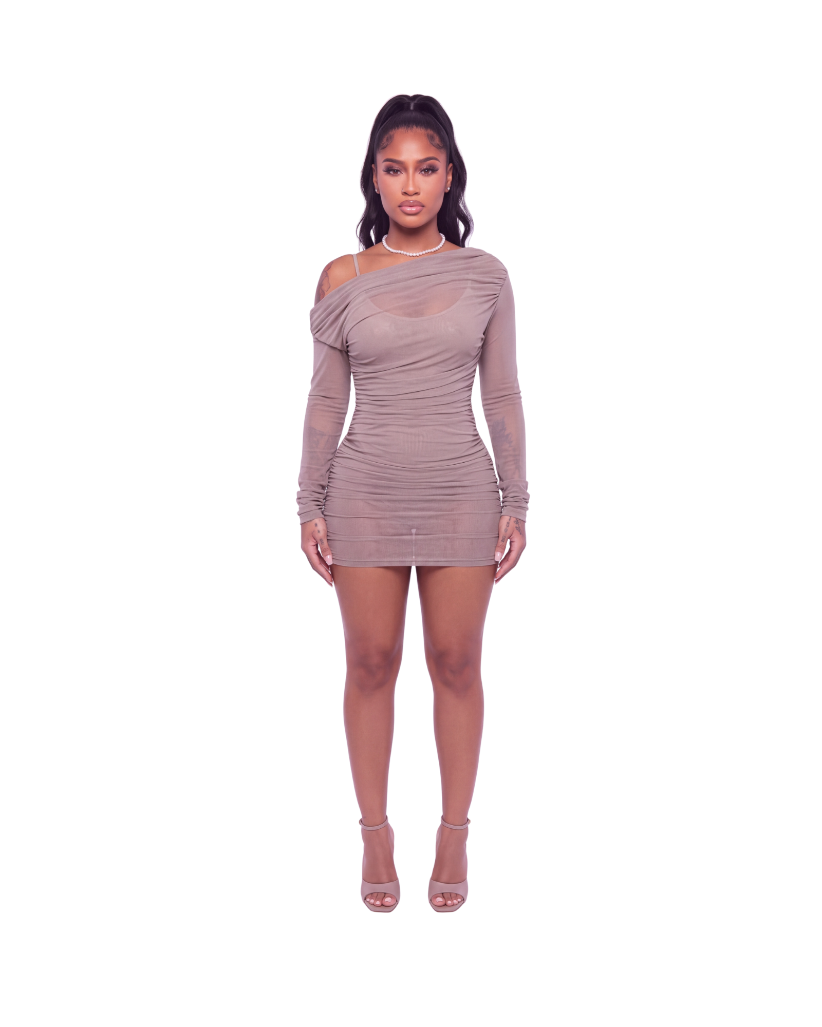 Taupe Mesh Ruched Mini Dress