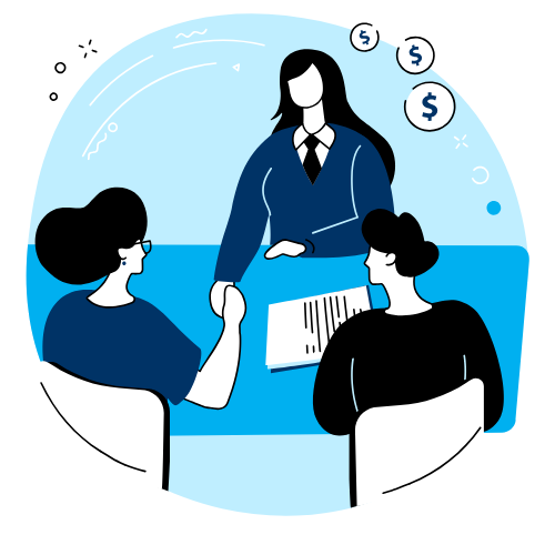 Illustration of a woman in a business suit shaking hands with a man during a meeting, with financial symbols in the background.