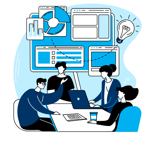 Four people are having a business meeting in a conference room with laptops, documents, and a glass of water on the table. Behind them, there are various digital screens displaying charts, graphs, and a lightbulb icon, indicating brainstorming or data analysis.