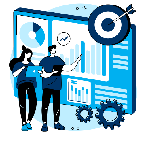 Two people analyzing data on a large digital screen with charts, graphs, and a target with an arrow.