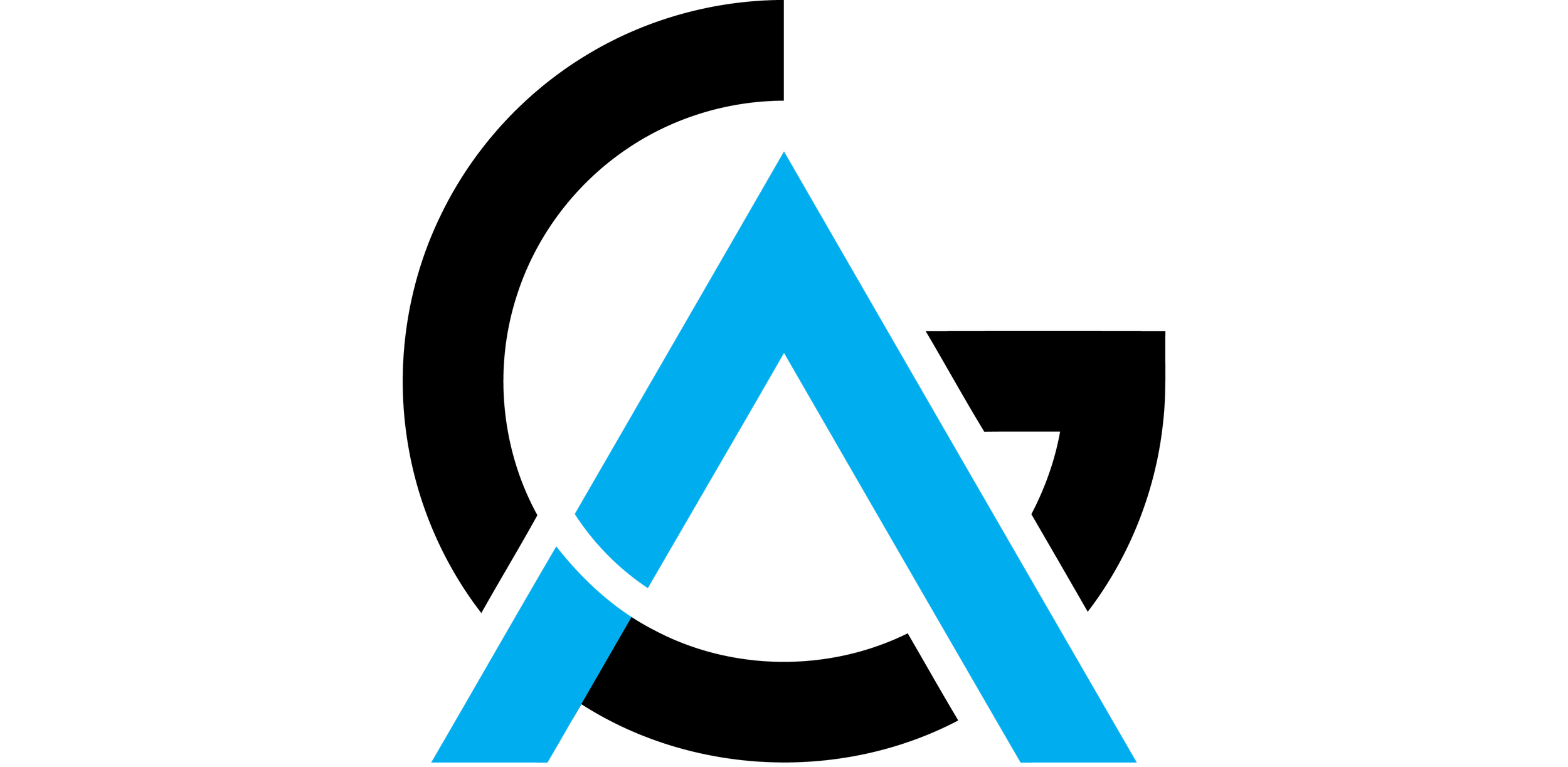 Blue and black logo with stylized letter "A" in the center.