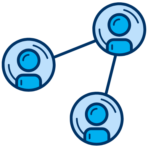Icons representing a social network with three connected user avatars.