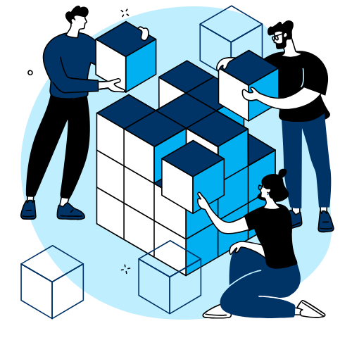 Illustration of three people working together to assemble a 3D puzzle made of cubes, with some completed sections and others being put together.