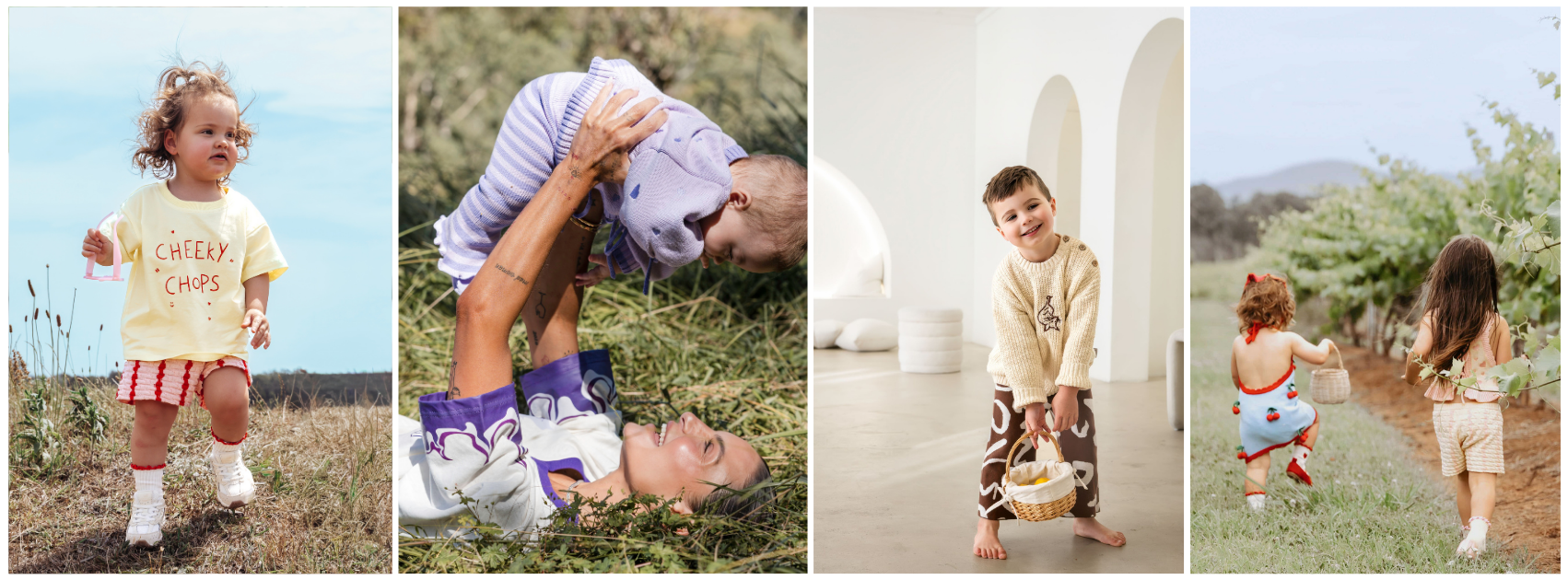 Poss & Soss kidswear campaign — toddler in Cheeky Chops tee, mother and baby playing in grass, boy in knit jumper, and children walking through a vineyard. Brand photography by Georgie Meadows, Sydney