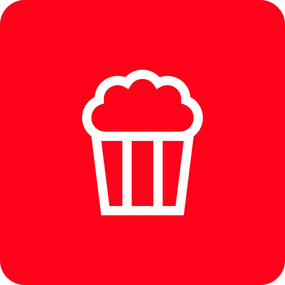 White outline of a popcorn bucket on a red background.