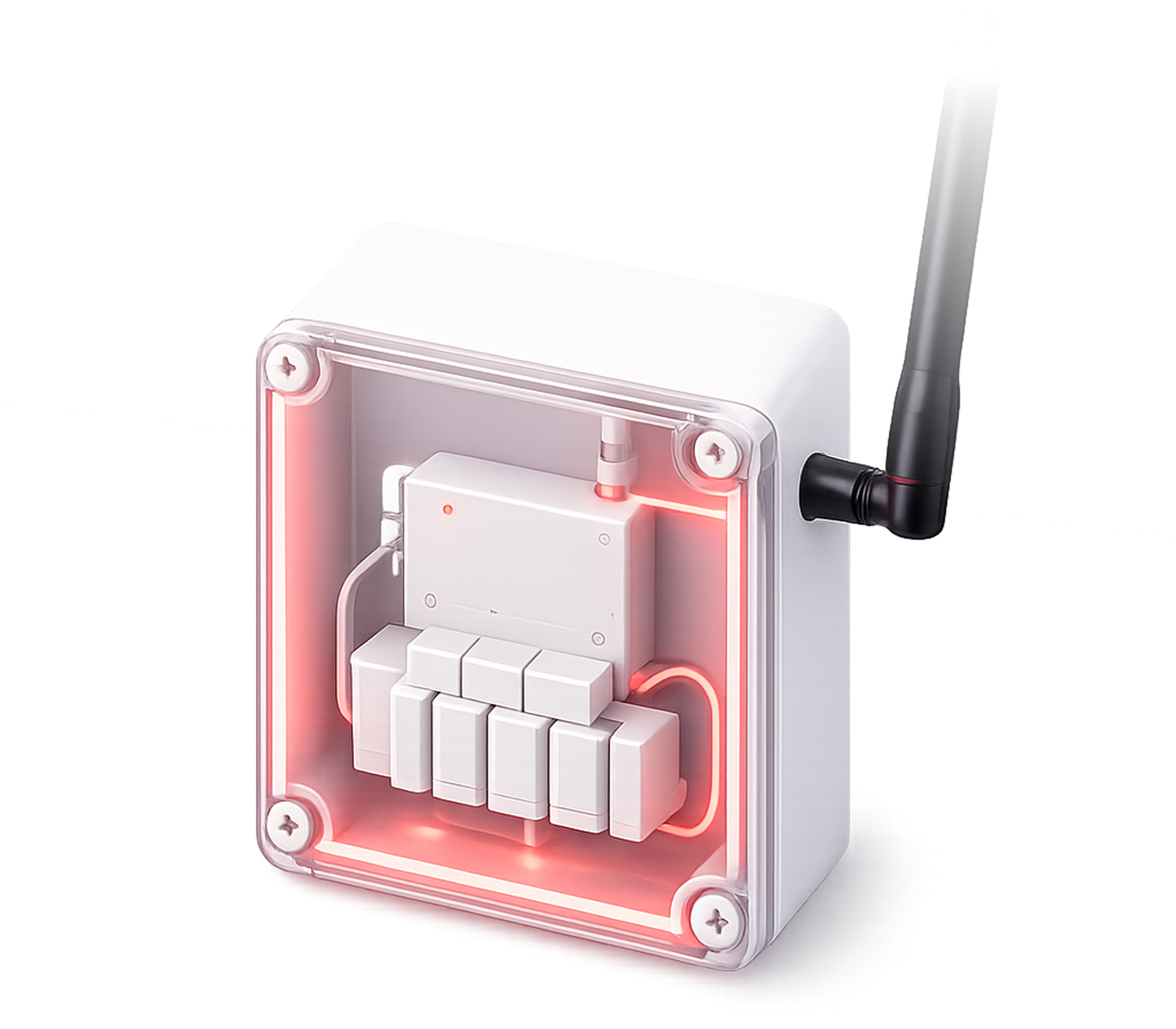 Close-up of a small electronic device with white blocks shaping the interior, a black antenna, and glowing red lights, partially enclosed in a transparent casing.
