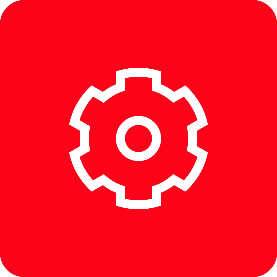 Red background with a white gear icon in the center.
