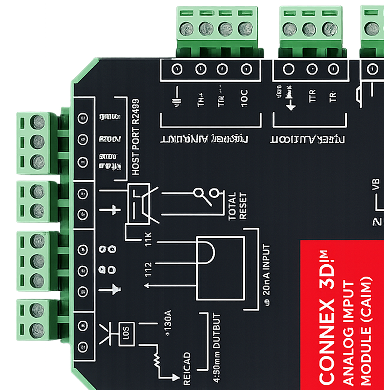 Close-up of a black industrial electronic module with green terminal blocks and white wiring diagrams, labeled 'CONNEX 3D' and 'ANALOG INPUT MODULE (CAM)'.
