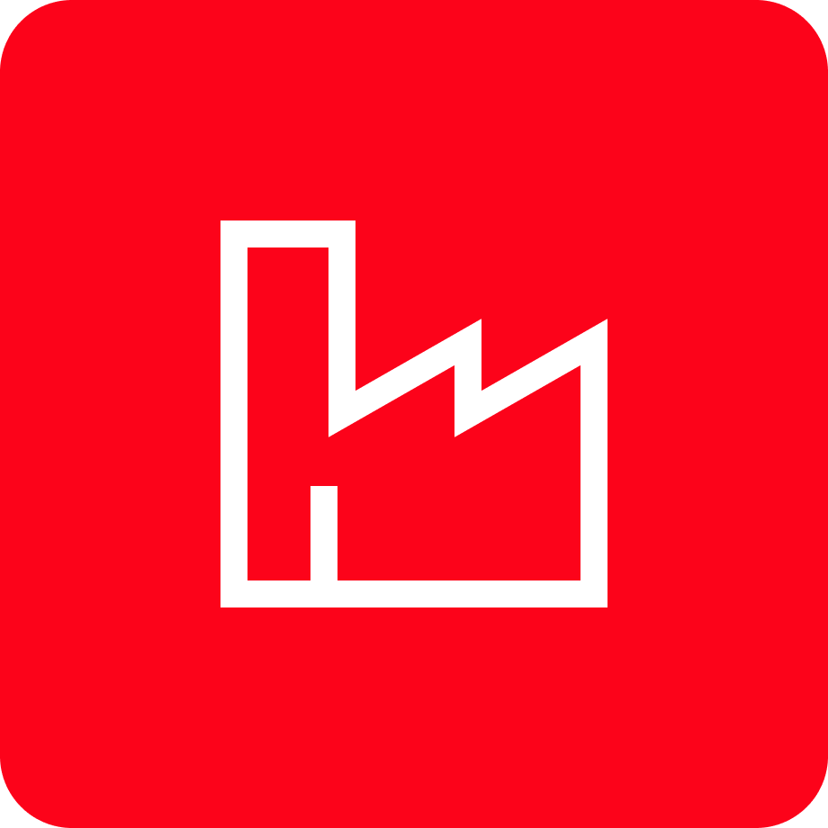 Red safety sign with a white factory or industrial building icon and a lightning bolt, indicating electrical hazard or danger.