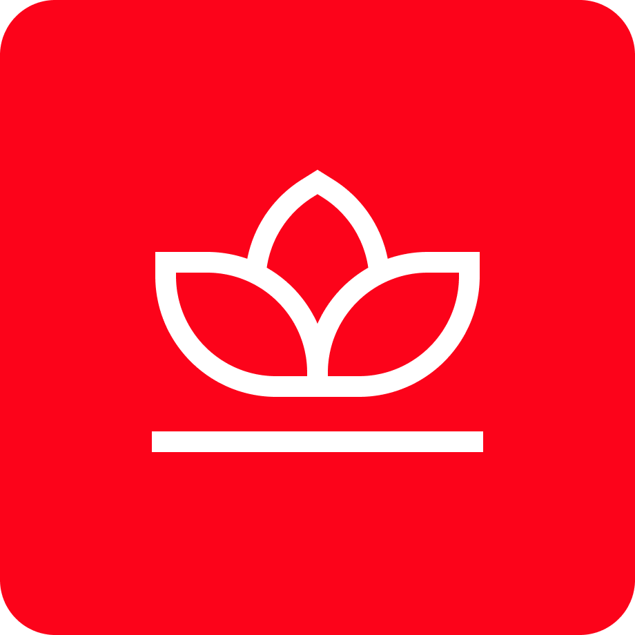 A white stylized lotus flower symbol on a red background.