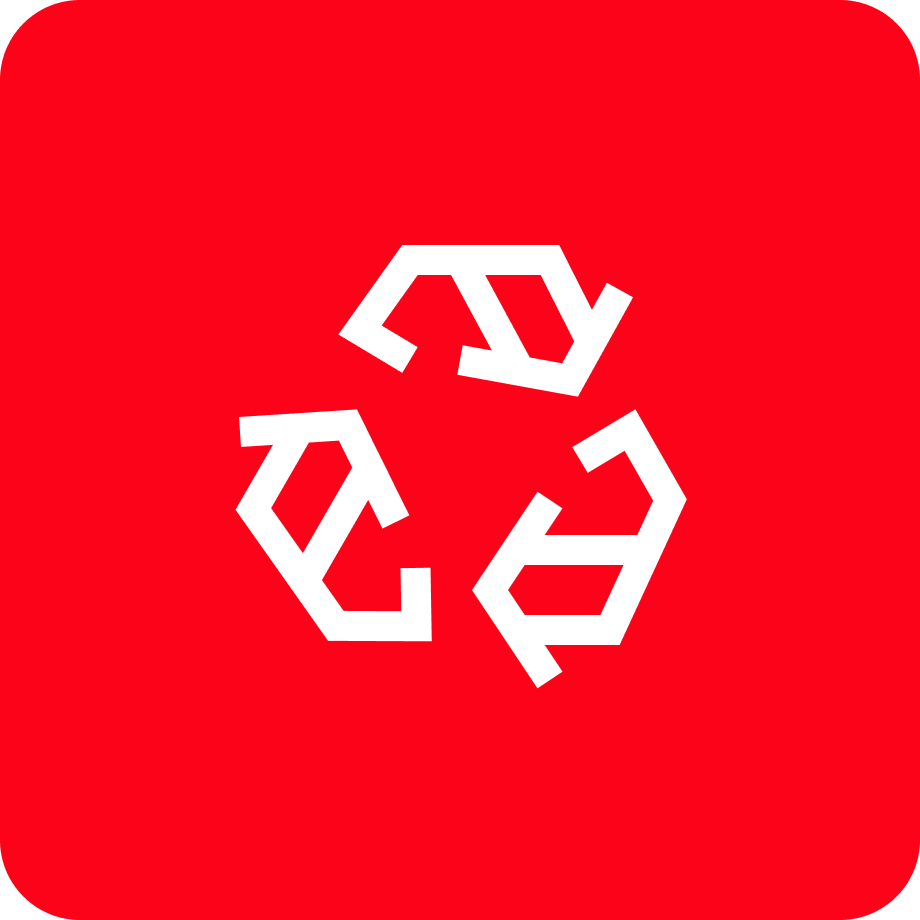 Recycle symbol with three white arrows forming a triangle on a red background.