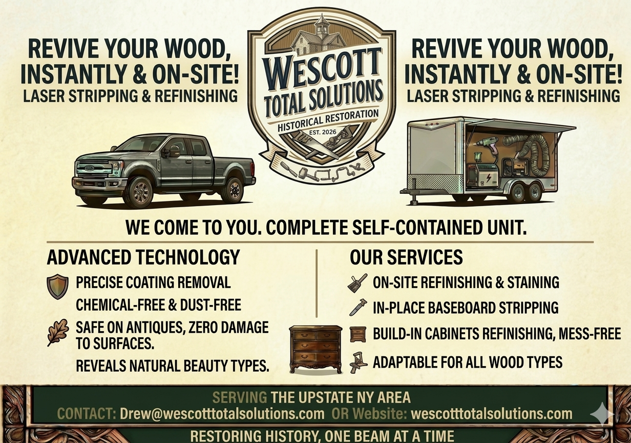 Flyer for Wescott Total Solutions advertising wood reviving services. It features a pickup truck and a mobile workshop trailer. The flyer lists advanced technology and services including on-site refinish and staining, in-place striping, and cabinetry refinishing. It mentions serving the Upstate NY area and provides contact details.