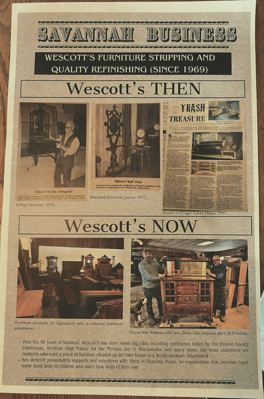 A newspaper or magazine page featuring a business called Savannah Business, detailing Wescott's Furniture Stripping and Refinishing from 1969 and comparing it to Wescott's current furniture business with photos of past and present furniture pieces and owners in 2011.