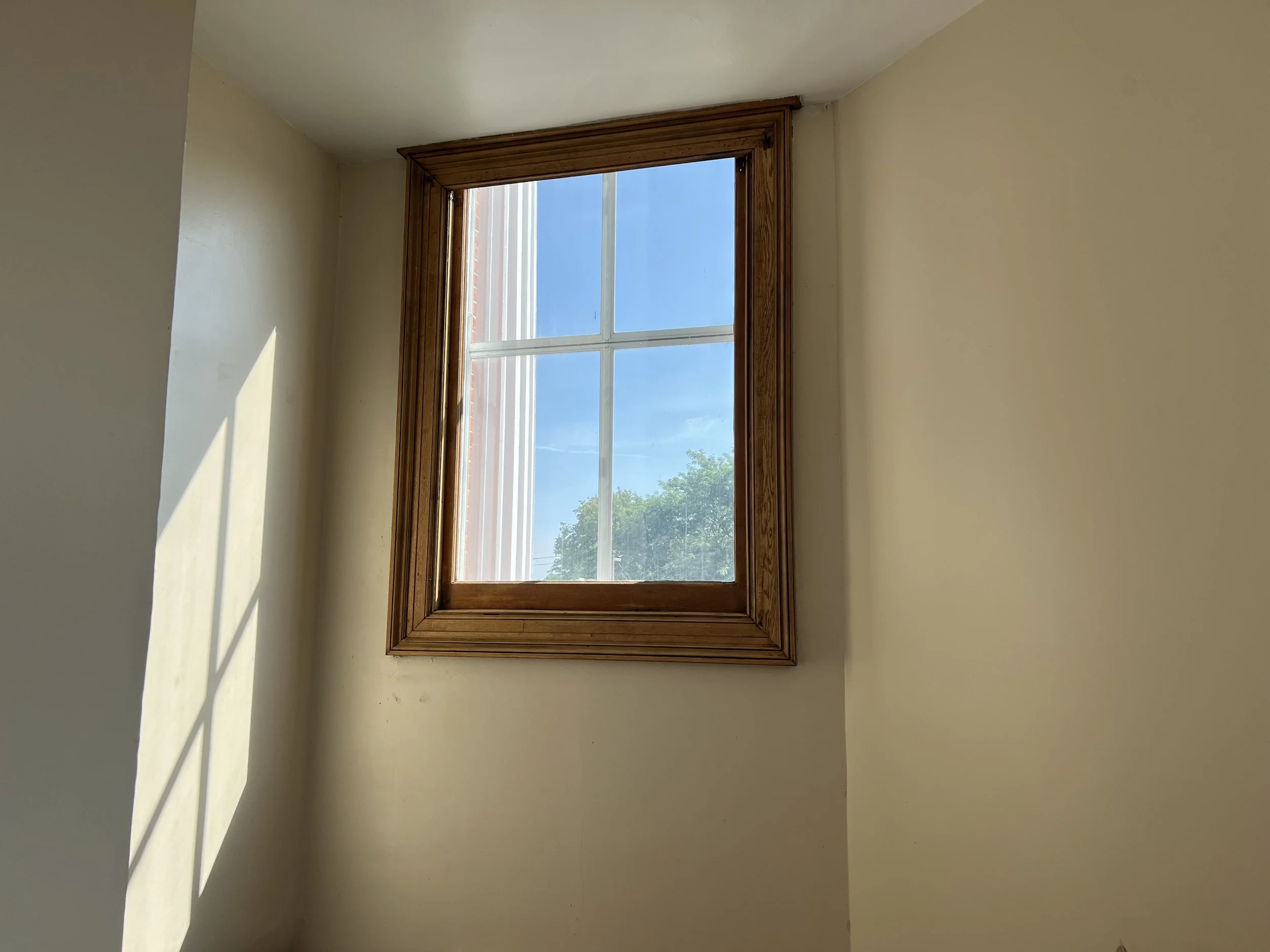 A ceiling window with a wooden frame, showing a clear blue sky and some trees outside.