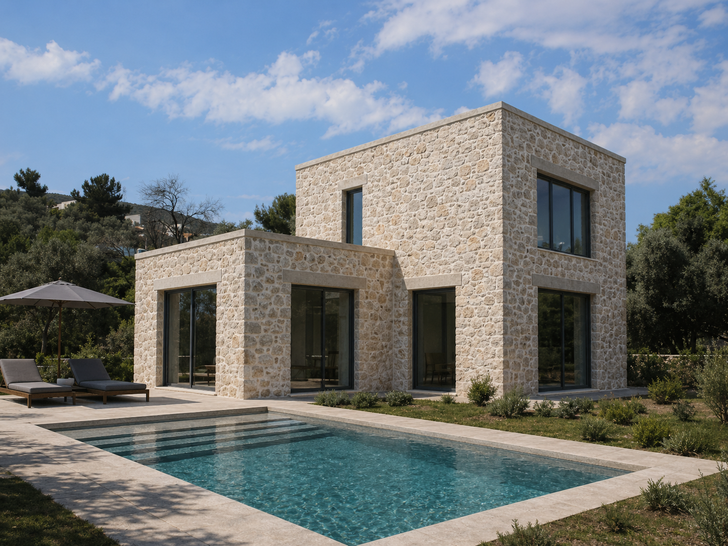 Modern two-story house with stone exterior, large glass windows, a swimming pool in the backyard, lounge chairs and umbrella, surrounded by greenery and trees, under a partly cloudy sky.