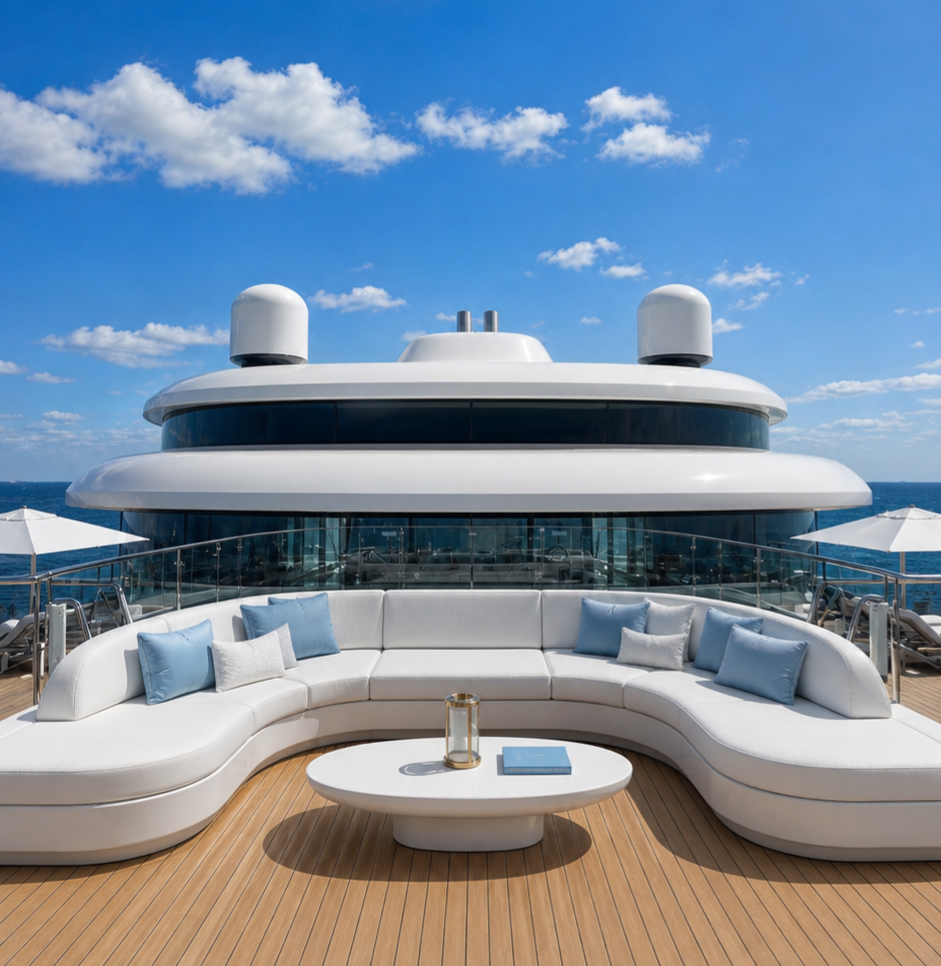 On the deck of a luxury yacht, a white curved sofa with blue and white pillows surrounds a white coffee table with a lantern and a book. In the background, blue ocean and sky with scattered clouds are visible.