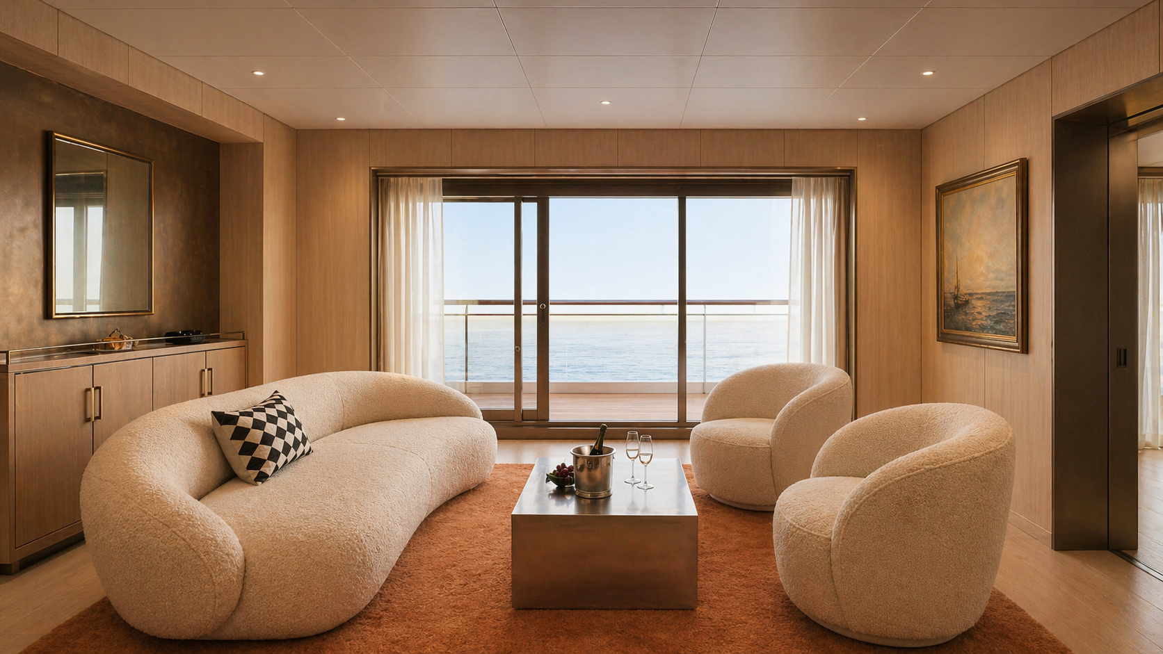 Living room with cream-colored sofa and chairs, a rectangular coffee table holding a champagne bottle and glasses, sliding glass doors opening to a balcony with ocean view, framed paintings, and wood-paneled walls.