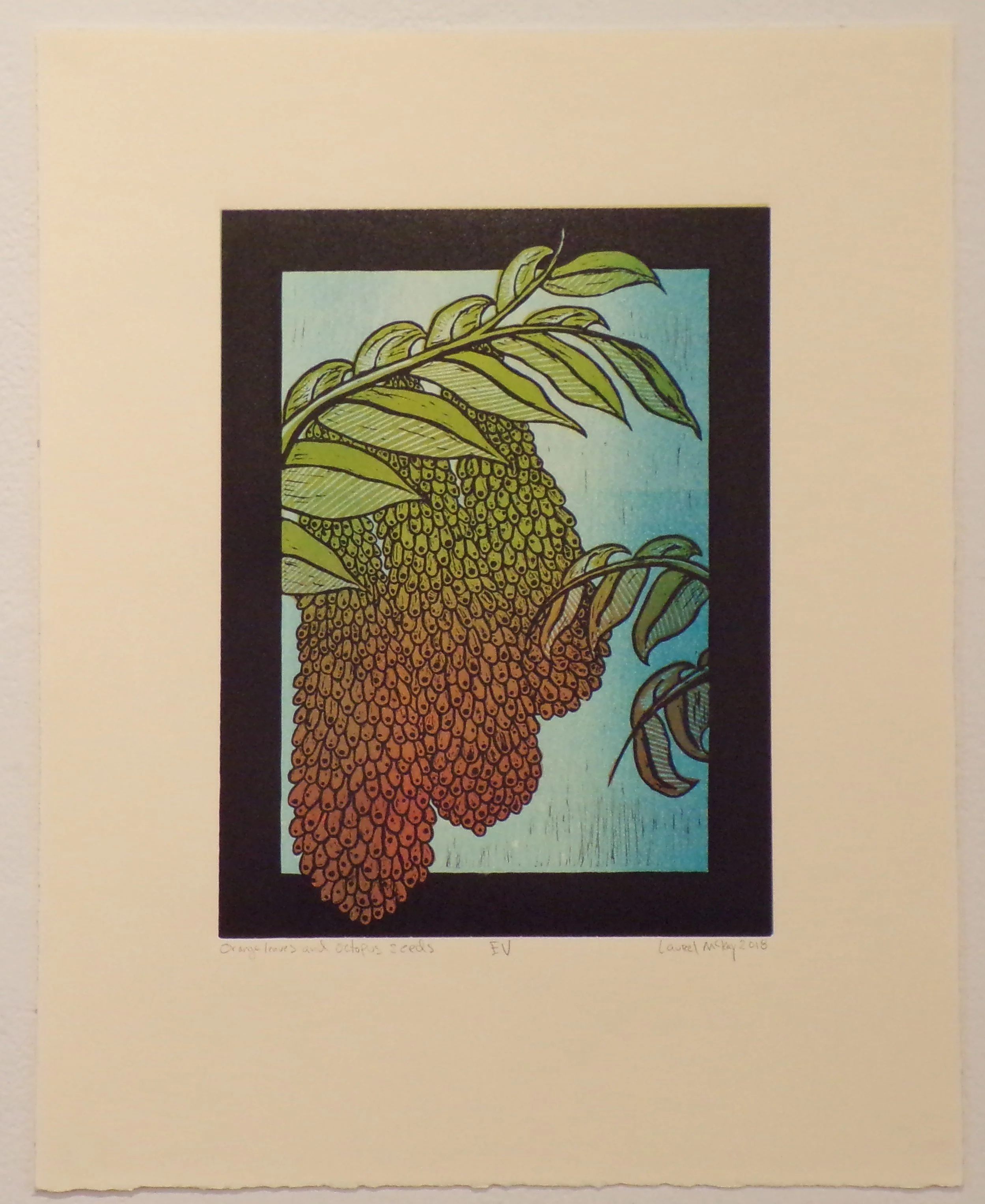 Linoleum Block Print- Orange Leaves and Octopus Seeds