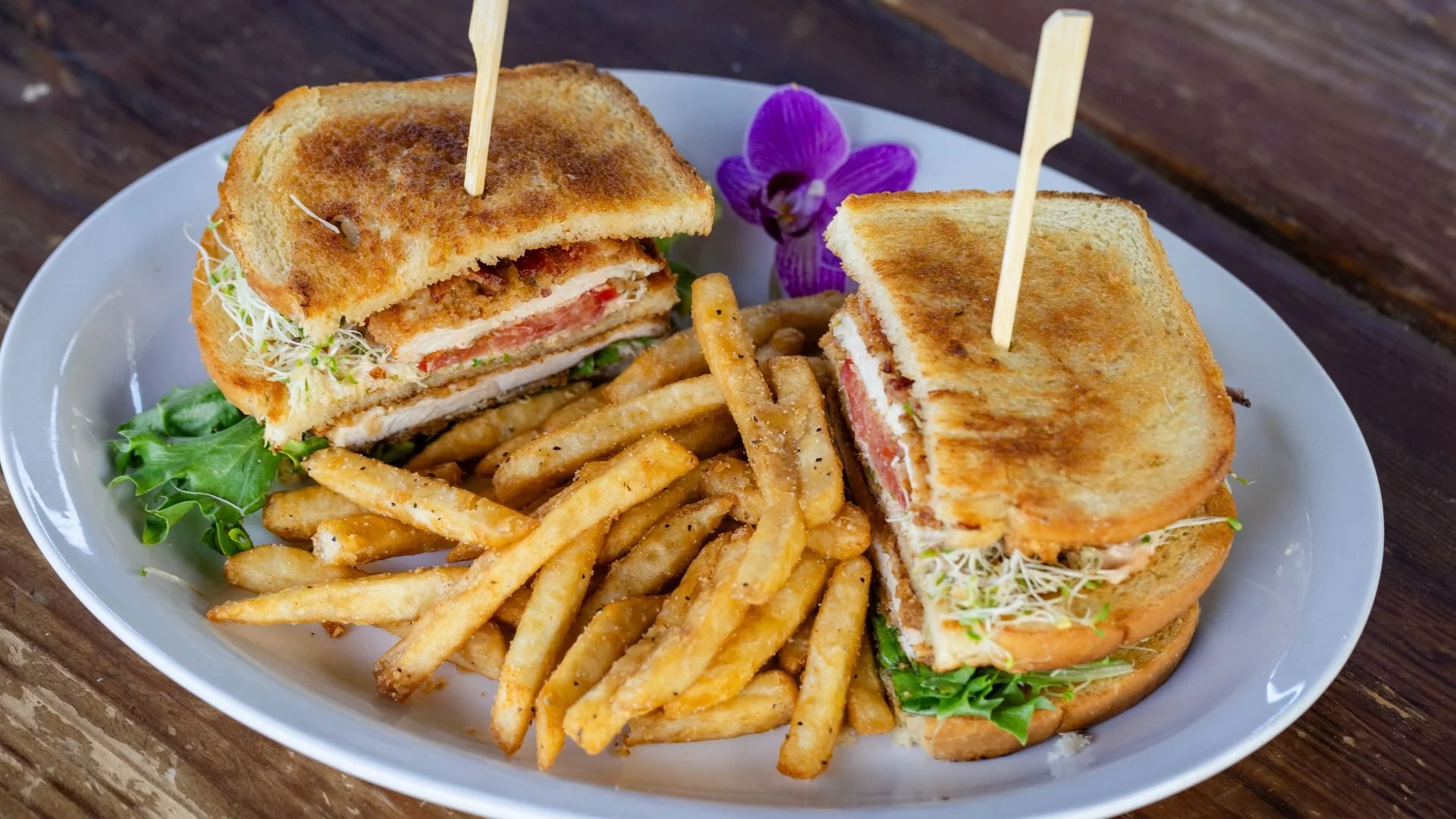 Plate with a toasted sandwich cut in halves, filled with meat, tomato, greens, and sprouts, served with French fries and a purple orchid garnish.