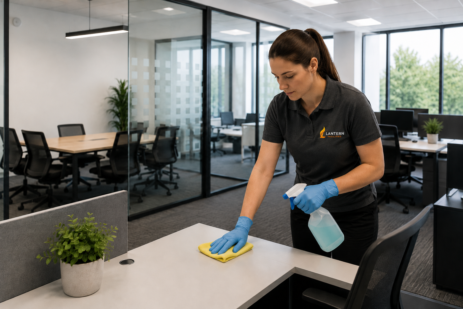 A woman wearing a black polo shirt with 'LANTERN FACILITIES' logo, blue gloves, and cleaning a desk with a spray bottle and yellow cloth inside an office with glass walls, office chairs, and computer desks.