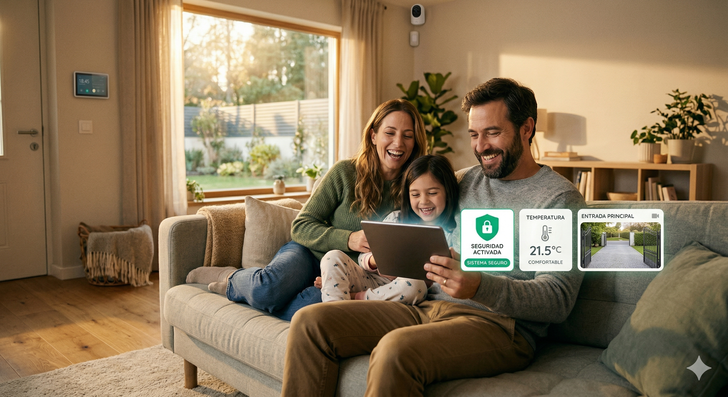 Familia feliz viendo una tableta en el sofá, con sistema de seguridad activado y control de temperatura en la pantalla, en una sala luminosa con ventana grande y plantas.