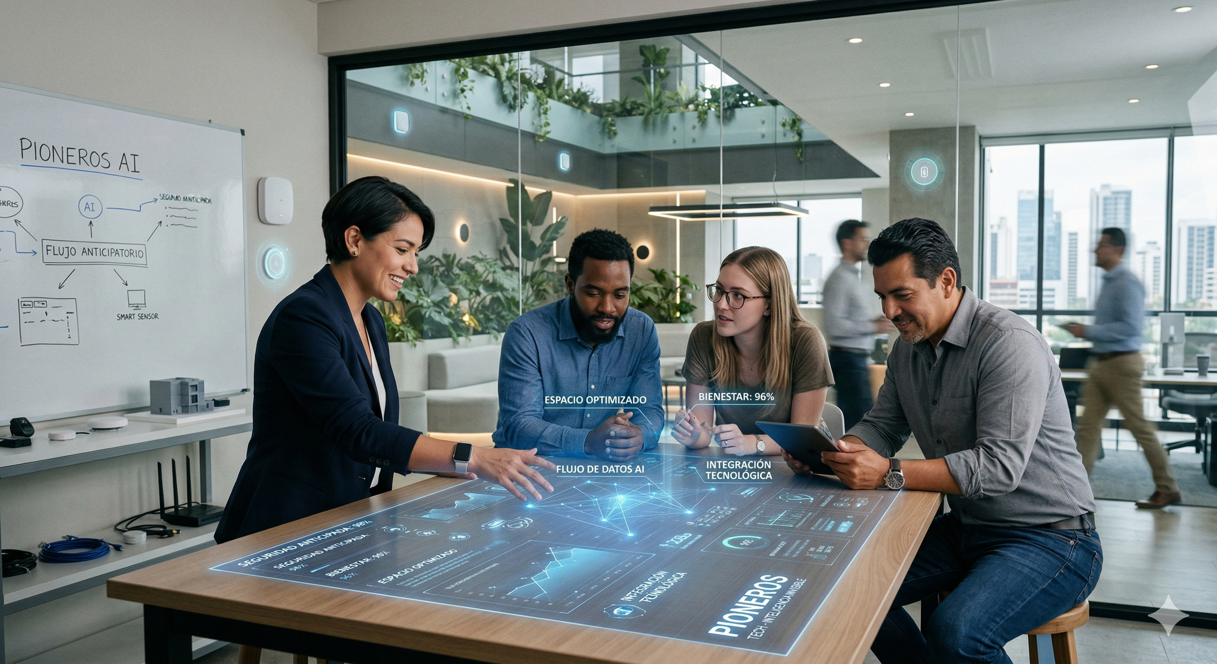 Grupo de cuatro personas trabajando en un mesa con una interfaz digital que muestra conceptos relacionados con inteligencia artificial y tecnología en una oficina moderna con ventanas grandes y vista a edificios urbanos.
