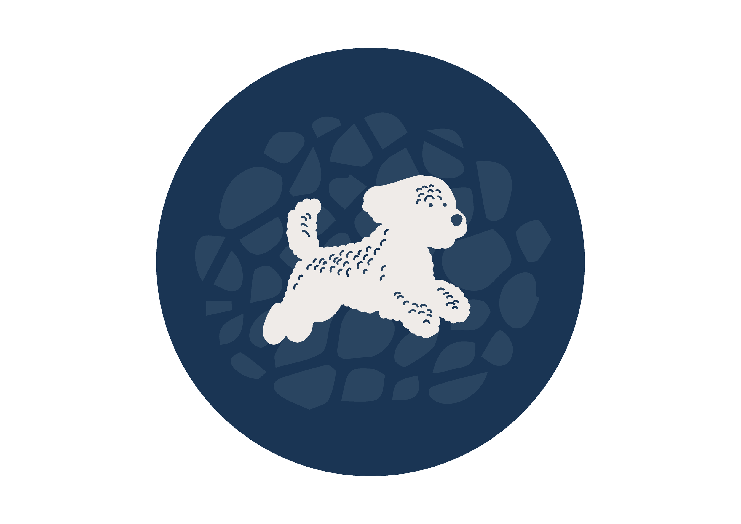 Logo featuring a white cartoon puppy on a dark blue background with the pattern of a French Black Truffle